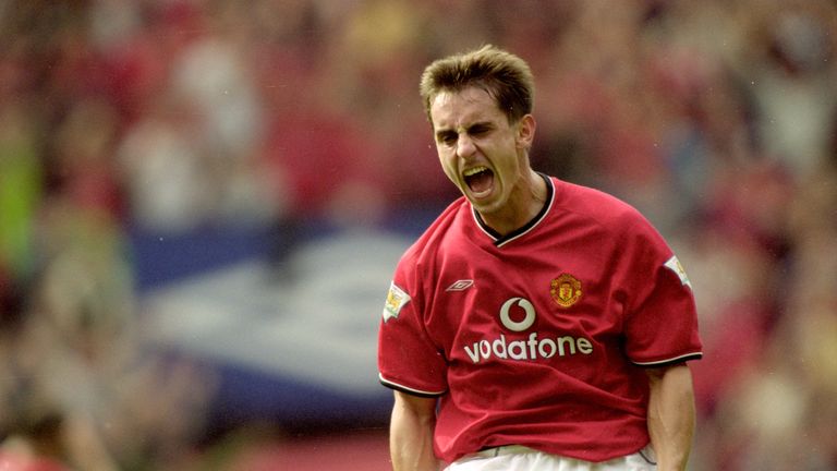 Gary Neville of Manchester United celebrates during the FA Carling Premiership match against Chelsea at Old Trafford, in Manchester, England. The match ended in a 3-3 draw. 