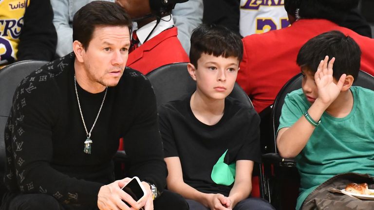 Mark Wahlberg watches the Boston Celtics take on the Los Angeles Laker at Staples Center