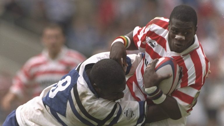 Martin Offiah in action for Wigan against Bath in the cross code challenge in 1996