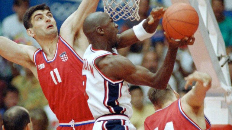 Michael Jordan attacks the basket for Team USA during the 1992 Olympics