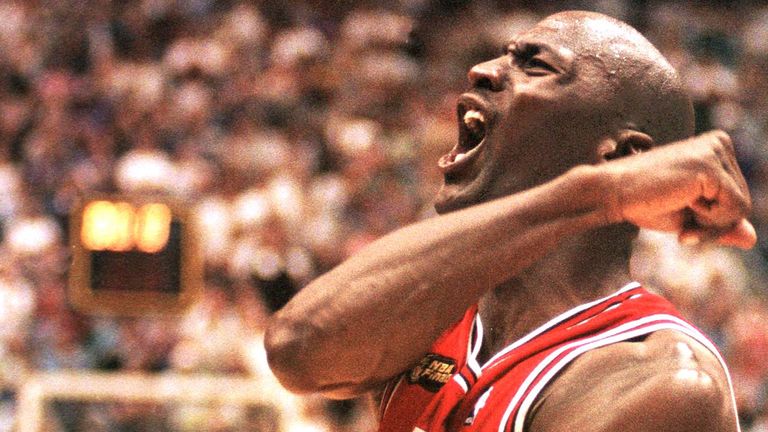 Michael Jordan celebrates the Chicago Bulls# victory in the 1998 NBA Finals