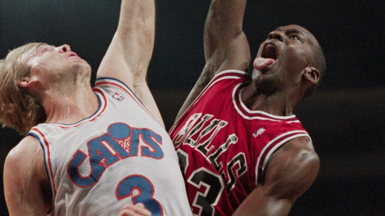 Michael Jordan rises to dunk against the Cleveland Cavaliers