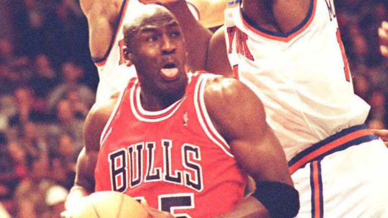 Michael Jordan battles Knicks defenders in the Double Nickel game