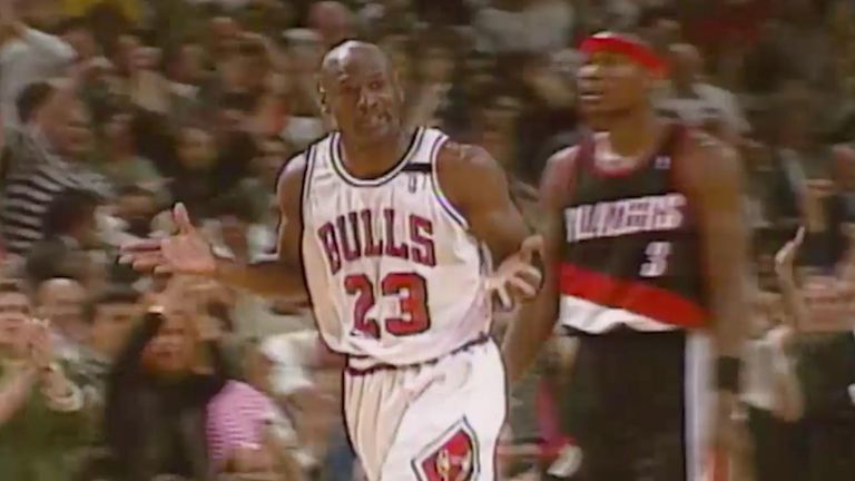 Michael Jordan shrugs during the scoring explosion in Game 1 of the 1992 NBA Finals