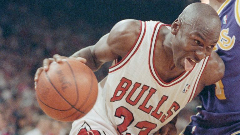 Michael Jordan drives at the Lakers defense in the 1991 NBA Finals
