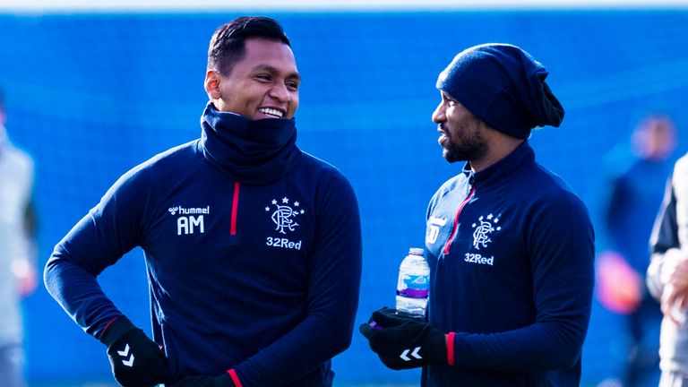 Alfredo Morelos (L) and Jermain Defoe during a Rangers training session