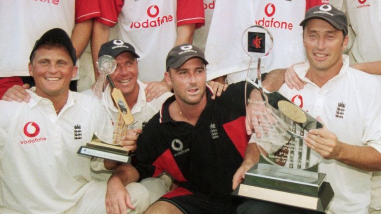 Captain Nasser Hussain celebrates victory in the Virtual Test with (from left to right) Darren Gough, Alec Stewart and Graham Thorpe