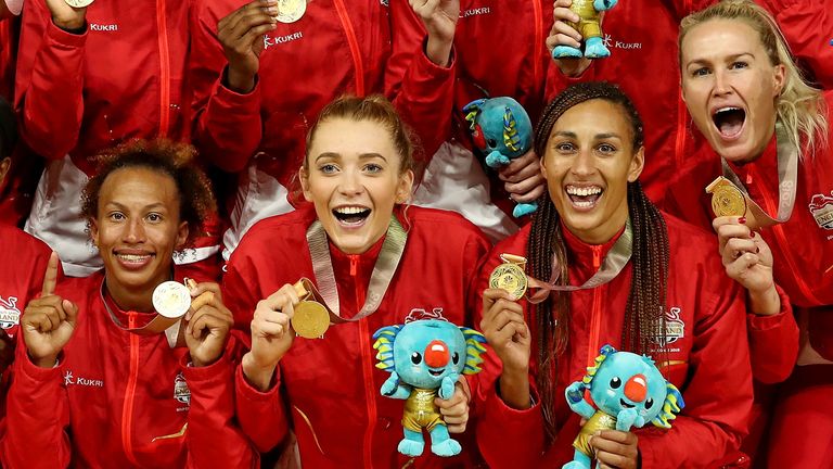 Serena Guthrie, Helen Housby, Geva Mentor and Chelsea Pitman on the podium with their gold medals