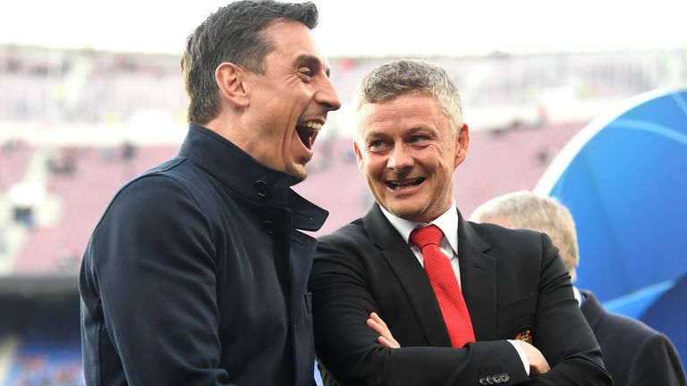 Ole Gunnar Solskjaer, Interim Manager of Manchester United and Gary Neville ahead of the UEFA Champions League Quarter Final second leg match between FC Barcelona and Manchester United at Camp Nou on April 16, 2019 in Barcelona, Spain. 