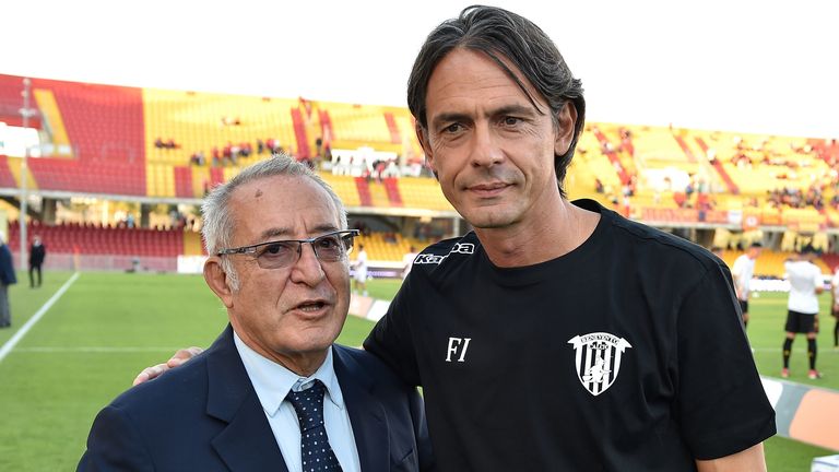 Oreste Vigorito and Pippo Inzaghi during the Serie B match between Benevento Calcio and AC Perugia at Stadio Ciro Vigorito on October 19, 2019 in Benevento, Italy.