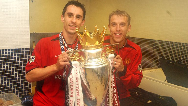  Gary Neville and Phillip Neville with the Premiership Trophy              ..Everton v Manchester United, Goodison Park, Liverpool 11/05/2003, Barclaycard Premiership