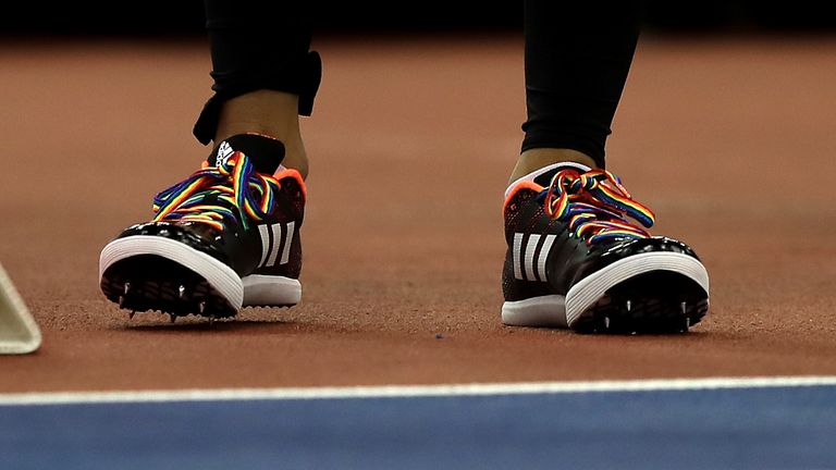 A long jumper wears rainbow coloured laces during day one of the SPAR British Indoor Athletics Championships at Arena Birmingham. PRESS ASSOCIATION Photo. Picture date: Saturday February 17, 2018. See PA story ATHLETICS Birmingham. Photo credit should read: Simon Cooper/PA Wire.