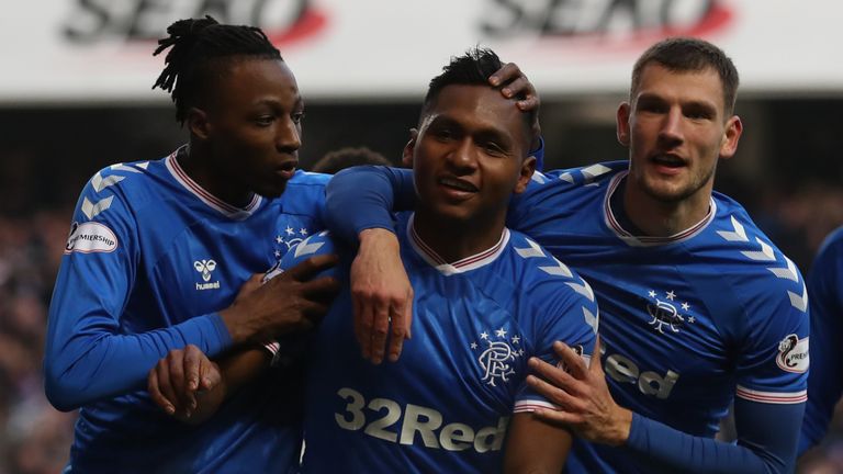 GLASGOW, SCOTLAND - DECEMBER 01: Alfredo Morelos of Rangers celebrates after scoring the opening goal during the Ladbrokes Premiership match between Rangers and Hearts at Ibrox Stadium on December 01, 2019 in Glasgow, Scotland. (Photo by Ian MacNicol/Getty Images)