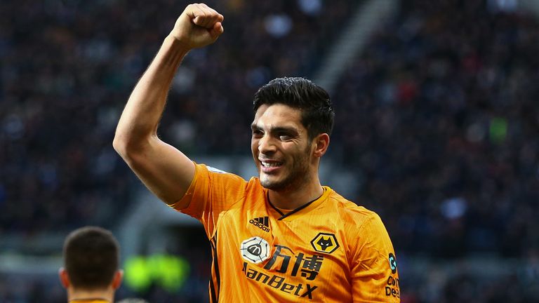 LONDON, ENGLAND - MARCH 01: Raul Jimenez of Wolverhampton Wanderers celebrates after scoring his side's third goal during the Premier League match between Tottenham Hotspur and Wolverhampton Wanderers at Tottenham Hotspur Stadium on March 1, 2020 in London, United Kingdom. (Photo by Craig Mercer/MB Media/Getty Images)