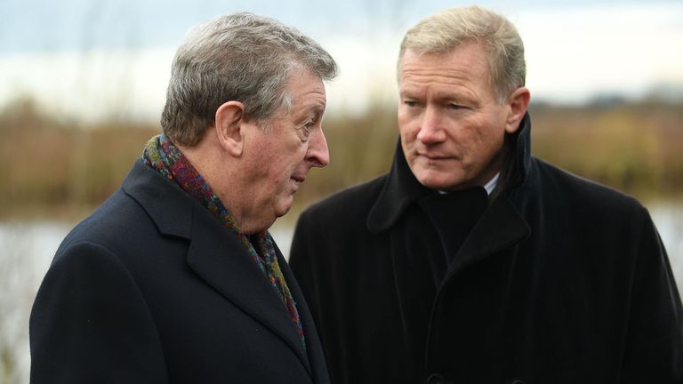 England manager Roy Hodgson (left) talks to League Managers Association chief executive Richard Bevan (right) before the dedication ceremony for the Football Remembers memorial to commemorate the 1914 Christmas Truce at the National Memorial Arboretum in Alrewas, Staffordshire. Picture date: Friday December 12, 2014. See PA story ROYAL Memorial. Photo credit should read: Joe Giddens/PA Wire