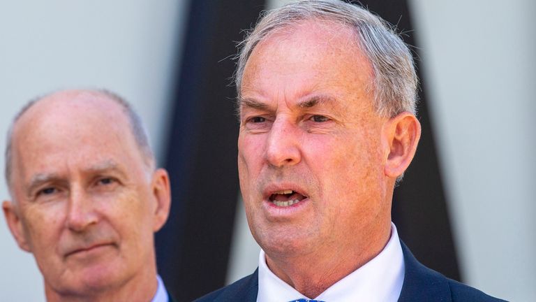CANBERRA, AUSTRALIA - FEBRUARY 28: Senator the Hon. Richard Colbeck, Minister for Youth and Sport (R) speaks during the Sports Alliance Sporting Grant Fund Announcement at the Australian Institute of Sport on February 28, 2020 in Canberra, Australia. (Photo by Jenny Evans/Getty Images for the AOC)
