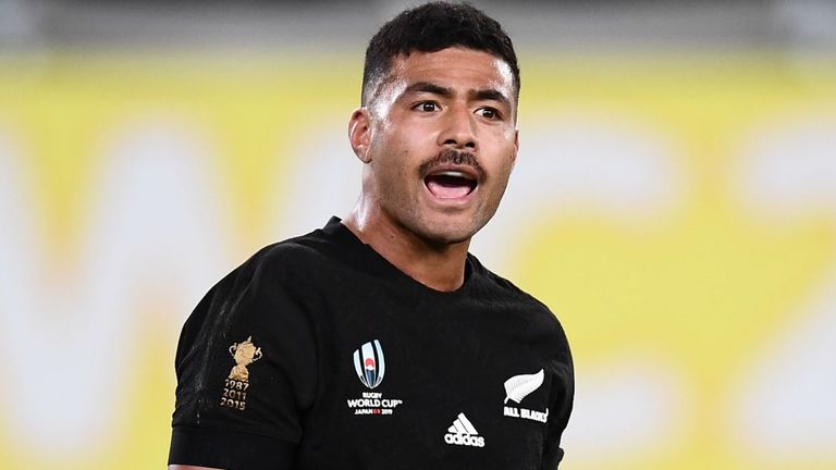 New Zealand's fly-half Richie Mo'unga reacts during the Japan 2019 Rugby World Cup bronze final match between New Zealand and Wales at the Tokyo Stadium in Tokyo on November 1, 2019. (Photo by CHARLY TRIBALLEAU / AFP) (Photo by CHARLY TRIBALLEAU/AFP via Getty Images)