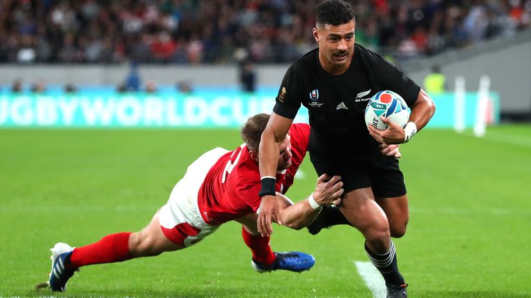 Richie Mo' unga  gets past Dan Biggar to score to help New Zealand win the bronze in the 2019 World Cup.
