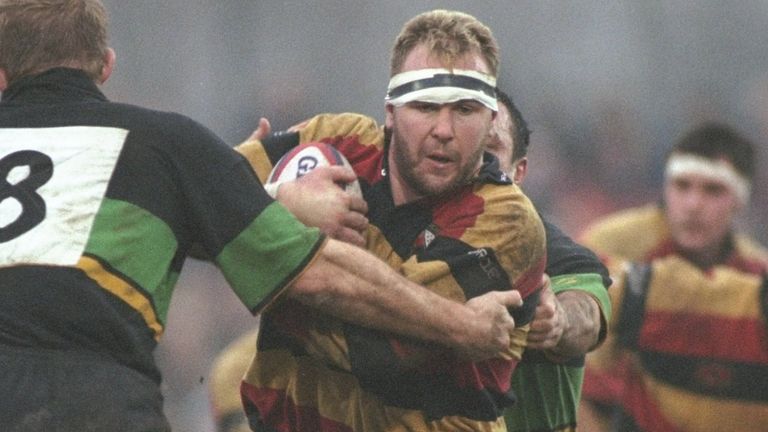 21 Dec 1997: Scott Quinnell of Richmond is tackled by Tim Rodber #8 of Northampton during an Allied Dunbar Premier Division One match at the Athletic Ground in Richmond, Surrey, England. Northampton won the match 24-21. \ Mandatory Credit: Phil Cole/Allsport