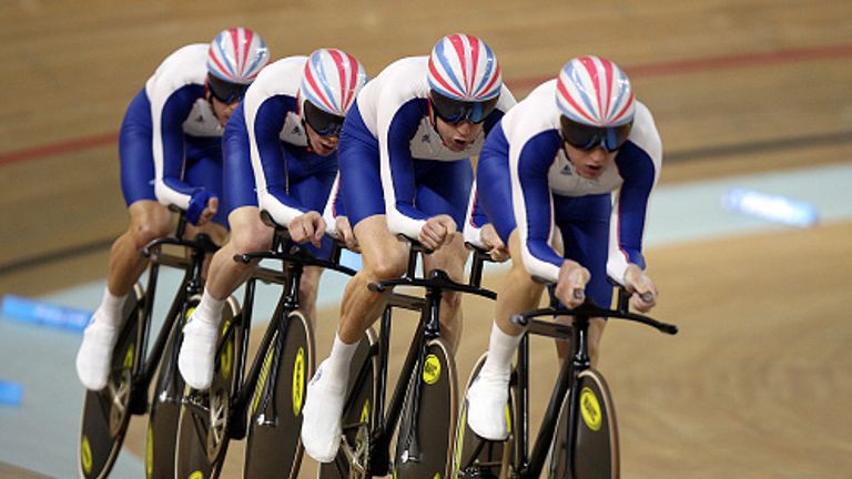 BEIJING, CHINA - AUGUST 18: Paul Manning, Ed Clancy, Geraint Thomas and Bradley Wiggins of Great Britain are seen on their way to winning the Men's Team Pursuit Finals at the Laoshan Velodrome on Day 10 of the Beijing 2008 Olympic Games on August 18, 2008 in Beijing, China. (Photo by Ian MacNicol/Getty Images)