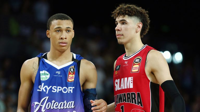 NBA Draft prospects RJ Hampton and LaMelo Ball in action during an NBL clash between the New Zealand Breakers and Illawarra Hawks