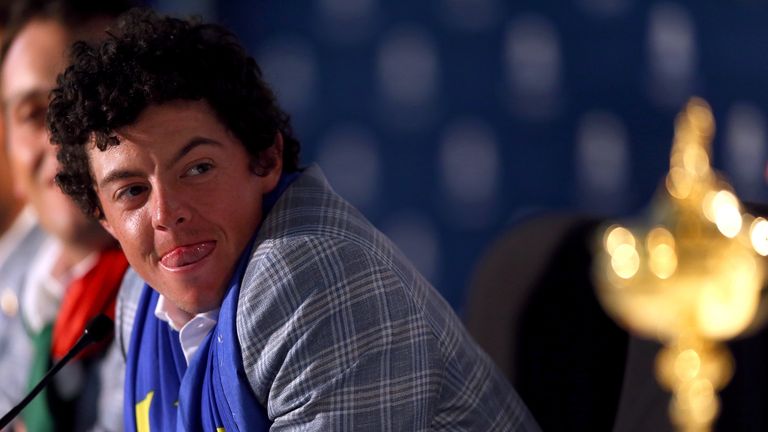 Rory McIlroy speaks with the media after Europe defeated the USA 14.5 to 13.5 to retain the Ryder Cup during the Singles Matches for The 39th Ryder Cup at Medinah Country Club on September 30, 2012 in Medinah, Illinois.