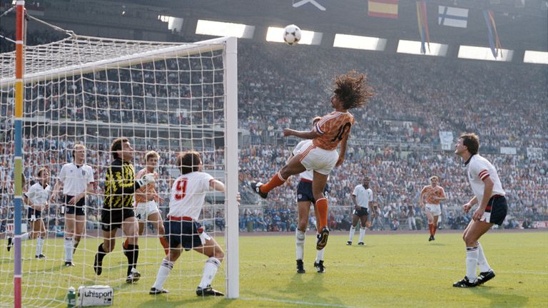 Ruud Gullit heads at goal for Netherlands during the 1988 European Championships game against England