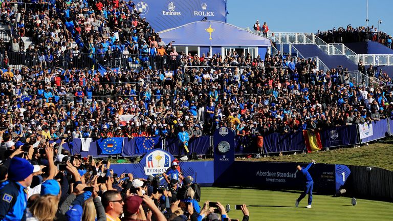 during singles matches of the 2018 Ryder Cup at Le Golf National on September 30, 2018 in Paris, France.