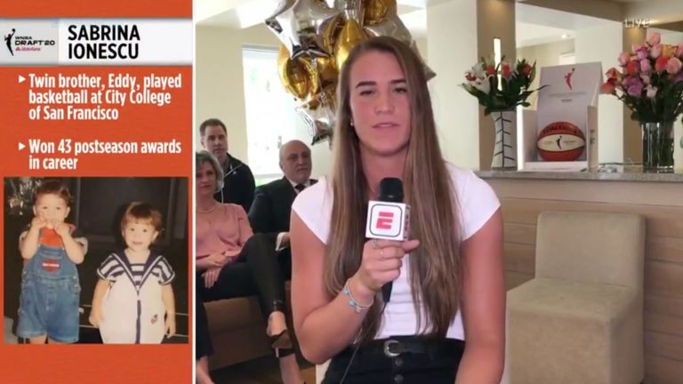 Sabrina Ionescu reacts after being selected first in the WNBA Draft by the New York Liberty