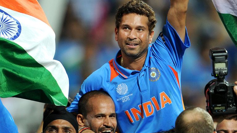 Sachin Tendulkar celebrates India's 2011 World Cup win on home soil