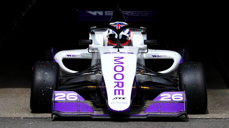 LONGFIELD, ENGLAND - AUGUST 11: Sarah Moore of Great Britain drives her Tatuus F3 T-318 to the grid during the W Series round six and final race of the inaugural championship at Brands Hatch on August 11, 2019 in Longfield, England. (Photo by Dan Istitene/Getty Images)