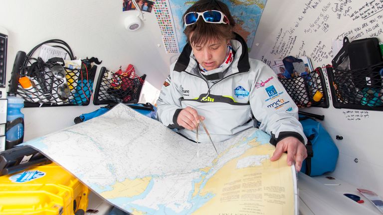 Inside Outen's cabin during her round-the-world trip