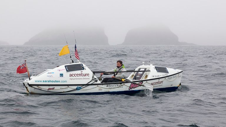 Outen, who has travelled 25,000 miles by bike and boat, pictured in the North Pacific in 2015