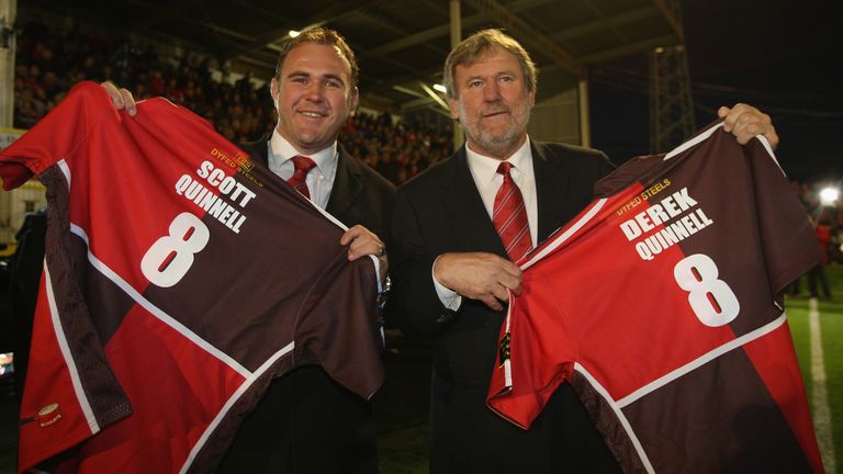 Scott and Derek Quinnell during the EDF Energy Cup match between Scarlets and Bristol at Stradey Park on October 24, 2008 in Llanelli, Wales.