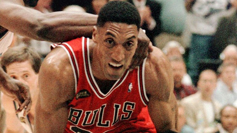 Scottie Pippen battles inside against the Utah Jazz in the NBA Finals