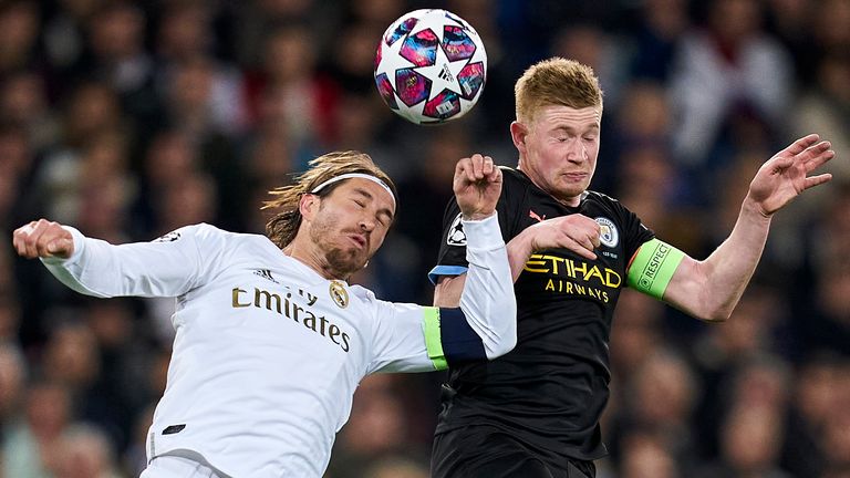 Sergio Ramos and Kevin De Bruyne in action during the Champions League round of 16, first leg at Santiago Bernabeu in February