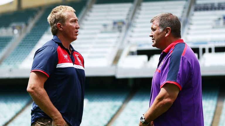 Trent Robinson of the Roosters Shaun Wane of Wigan during the World Club Challenge press conference at Allianz Stadium on February 18, 2014 in Sydney, Australia.