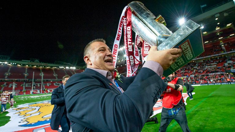 Picture by Allan McKenzie/SWpix.com - 13/10/2018 - Rugby League - Ladbrokes Challenge Cup Final - Wigan Warriors v Warrington Wolves - Old Trafford, Manchester, England - Wigan coach Shaun Wane with the Betfred Super League Trophy after victory over Warrington.