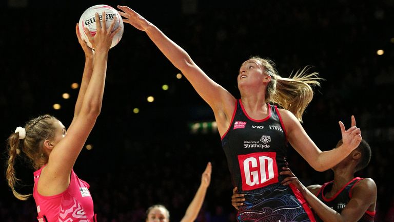 Sigi Burger putting up a shot for London Pulse in Round One of the 2020 Vitality Netball Superleague