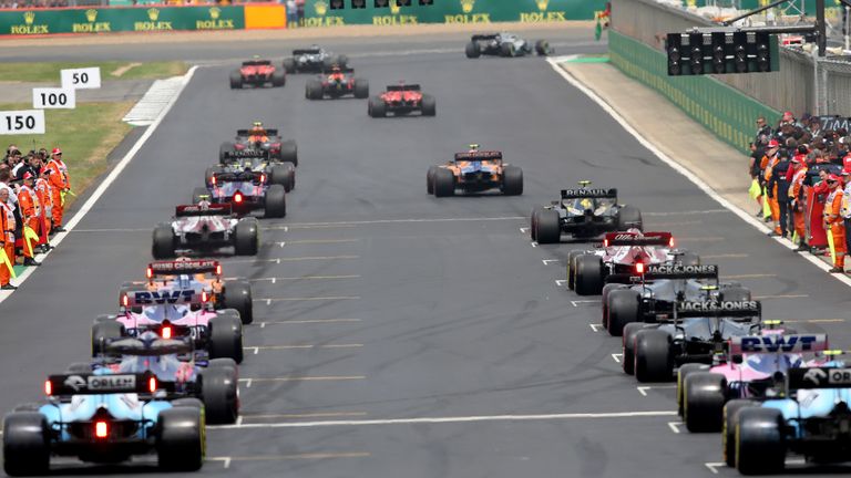 A general view as the field departs on the formation lap the F1 Grand Prix of Great Britain at Silverstone on July 14, 2019 in Northampton, England