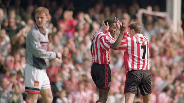 Southampton celebrate during their victory over Manchester United in 1996