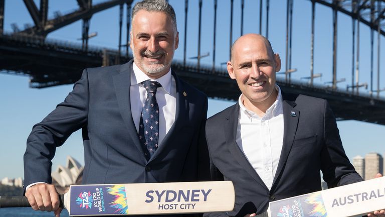 New South Wales minister for sport John Sidoti and local organising committee CEO, Nick Hockley pose at the World Cup's ticket launch event