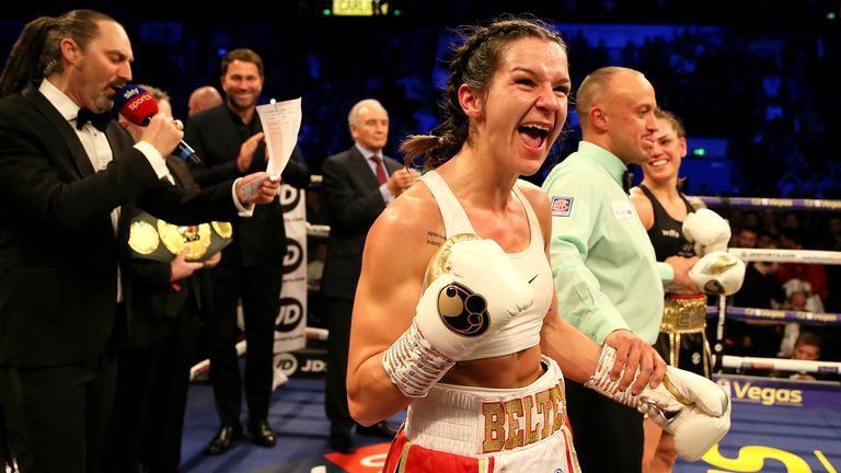 Terri Harper celebrates victory over Eva Wahlstrom in the WBC & IBO Super-featherweight World Championship fight at the FlyDSA Arena, Sheffield. PA Photo. Picture date: Saturday February 8, 2020. See PA story BOXING Sheffield. Photo credit should read: Richard Sellers/PA Wire