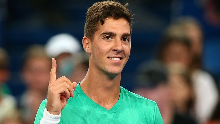 Thanasi Kokkinakis of Australia celebrates winning his singles match against Alexander Zverev of Germany on day seven during the 2018 Hopman Cup at Perth Arena on January 5, 2018 in Perth, Australia.