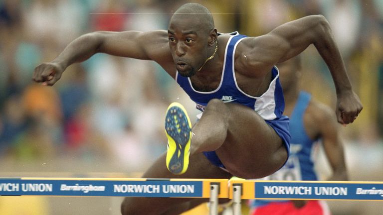 13 Aug 2000: Tony Jarrett in action in the Men's 110 metres hurdles during the Norwich Union Olympic Trials and AAA's Championships held at the Alexander Stadium, in Birmingham, England. \ Mandatory Credit: Gary M Prior/Allsport