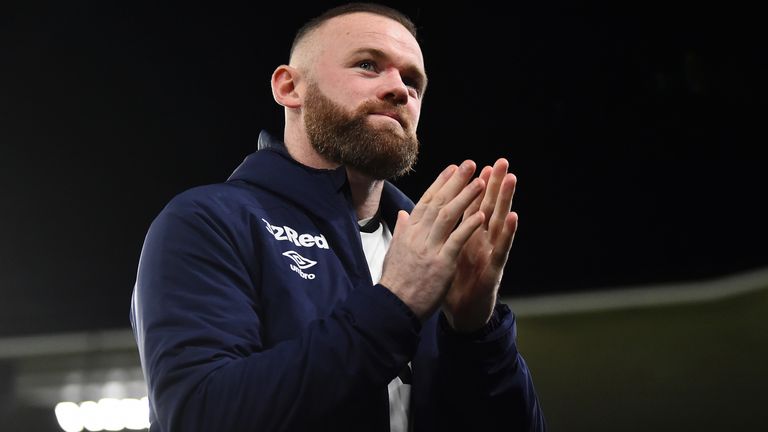 Wayne Rooney of Derby County shows his appreciation to the fans after the Sky Bet Championship match between Derby County and Stoke City at Pride Park Stadium on January 31, 2020 in Derby, England.
