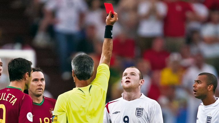 England's Wayne Rooney looks up at the red card as he is sent off by referee Horacio Elizondo during the England v Portugal FIFA World Cup quarter-final with Portugal on July 1st 2006 in Gelsenkirchen, Germany