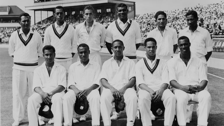 West Indies Test team, June 1963. Back row, l-r: Joe Solomon, Lance Gibbs, Joey Carew, Charlie Griffith, Deryck Murray and Basil Butcher. Front row, l-r: Rohan Kanhai, Conrad Hunte (1932-1999), Frank Worrell (1924-1967), Garfield Sobers, and Wes Hall