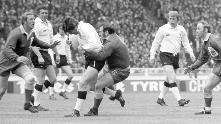 David Chisnall - Warrington v Widnes - Rugby League Cup Final - Wembley - 1975
Warrington's Bob Wanbon, left, and David Chisnall (centre-right) close in on Ray Dutton, of Widnes, during the Rugby League Cup Final at Wembley. Widnes won the match by 14 points to seven.