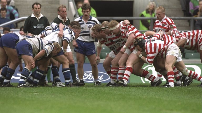 The Wigan and Bath packs scrum down during the Rugby Union leg of the clash of the codes
